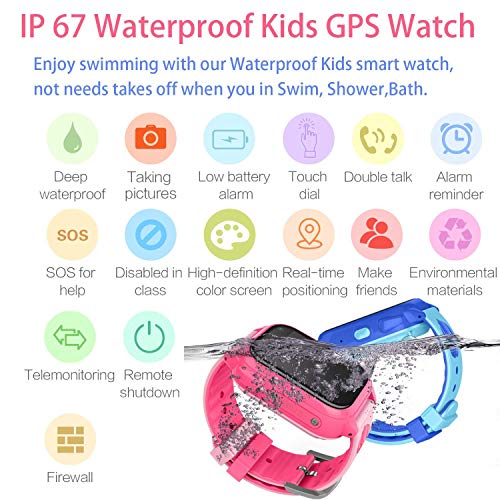 PTHTECHUS Kids Waterproof GPS Smart Watch for Boys Girls,Students Touch Screen Smartwatch with GPS Tracker Voice Chat One Key SOS for Help Clock Camera,Suitable for Childrens Aged 4-12, Blue