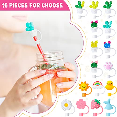Image of 16 Pieces Silicone Straw Tips Covers Reusable Drinking Straw Tips Lids Anti-dust Silicone Straw Caps for 7-8 mm Straws Airtight Seal Splash Proof Straw Tips Covers (Cactus Flower Style)
