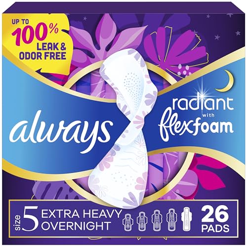 Image of Always Radiant Feminine Pads for Women, Flexfoam Pads with Wings, Size 5, Extra Heavy Overnight Absorbency, Lightly Scented, 26 Count