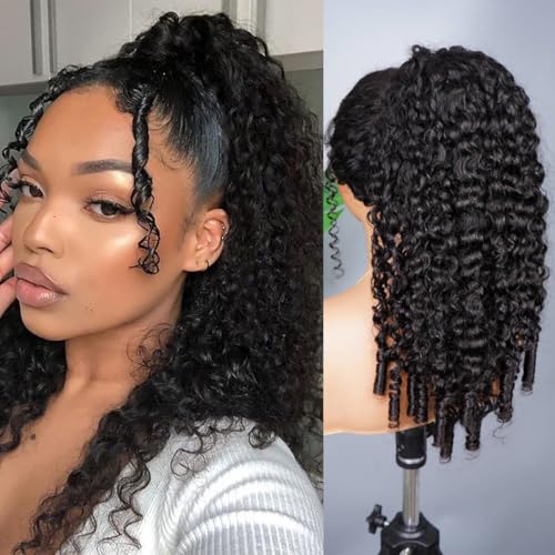 ISEE Hair Burmese Curly Drawstring Ponytail Extension Human Hair For Black Women 100% Unprocessed Human Hair Bun With InvisiFit Strap Natural Color Clips Ins Hair Pieces With Spiral Curls 20 Inch