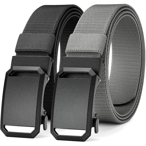 MILORDE Men's 2Pack Nylon Ratchet Belts, Casual Web Click Belt for Jeans, Business Dress, Adjustable Trim to Fit