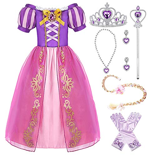 Hamanasu Fille Déguisement Princesse Raiponce Robe Costume Manches Bouffants de fête Robe avec Accessoires（violet01，5Ans/120）