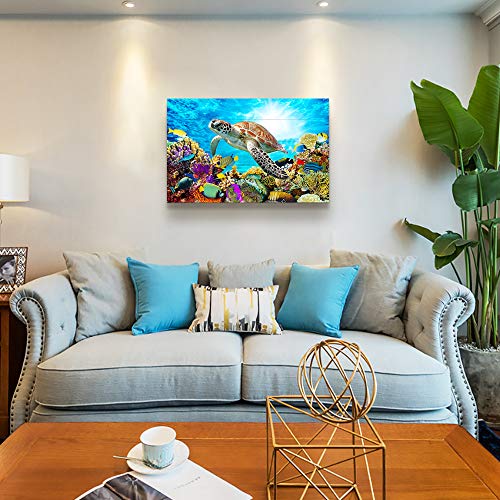 Family Canvas Wall Art - Sea Turtles & Blue Ocean - 16x24 Inch - For Bedroom, Living Room, Kitchen & Office
