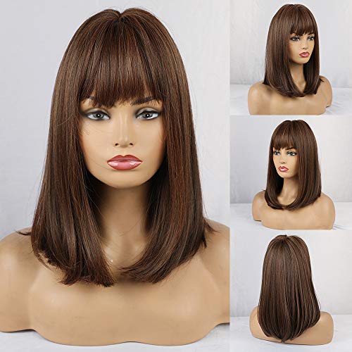 Alanhair Brown Medium Length Wigs for Women 18 Inch Shoulder Length Wigs Synthetic Wigs for Women with Bangs