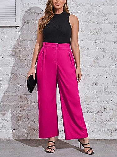 WDIRARA Women's Plus Size High Waist Button Pleated Straight Leg Pants Casual Pants4