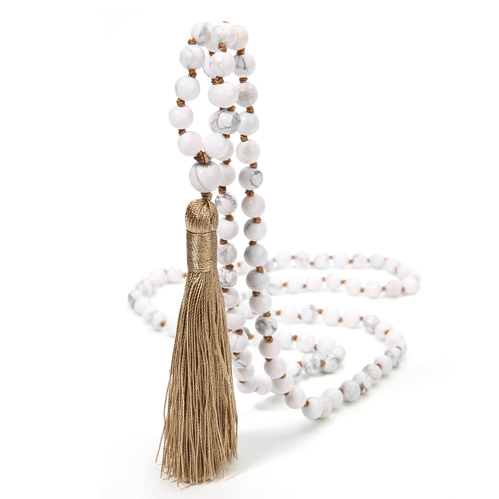 OAIITE 6MM Mala Beads Necklace Natural Amazonite Stone Meditation Statement Necklace Japa Yoga Rosary Prayer Charm Beaded Tassel Necklace
