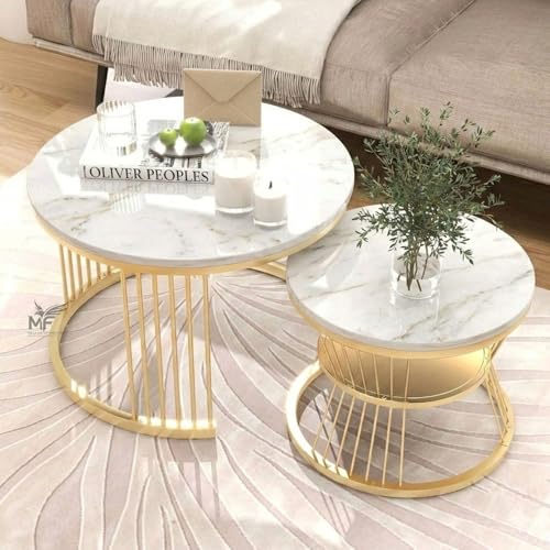 Image of MELVON Lightweight Nesting Coffee Table Set of 2, Golden Frame with White Marble Look Top, Two Tier Storage Round Center & Side Table for Living Room & Balcony