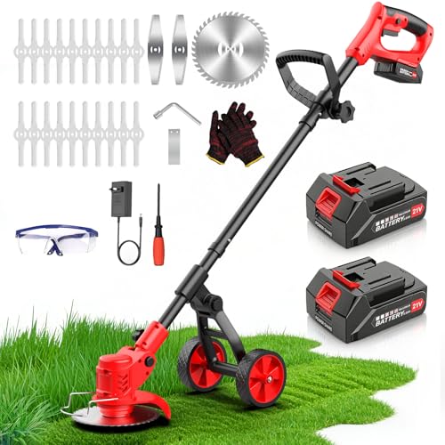 Cordless Weed Wacker, Electric Weed Trimmer with Wheels, 2x2.0Ah 21V Battery Powered Weed Eater, String Trimmer Brush Cutter, 3 Types Blades Lawn Mower Edger Lawn Tool for Garden Yard