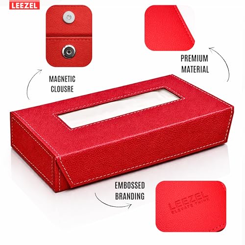 Image of LEEZEL| Tissue Box Holder with 100 Pulls Cotton Rags Tissue | Handcrafted Fine Leather - Like Finish | for Gifting, Office Desks, Cars & Home Decor | Durable & Water Resistant. (Red)
