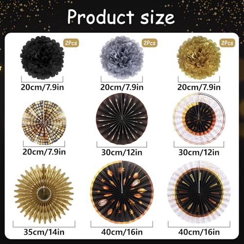 Image of SUNBEAUTY New Years Eve Party Supplies 2026, Happy New Year Decorations Black Gold Hanging Paper Fans Tissue Pom Poms Happy New Year Banner for 2026 New Year Party Favor Supplies Decorations
