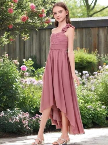 One Shoulder Junior Bridesmaid Dress for Wedding High-Low Chiffon A-Line Belt Princess Pageant Flower Girl Dress4