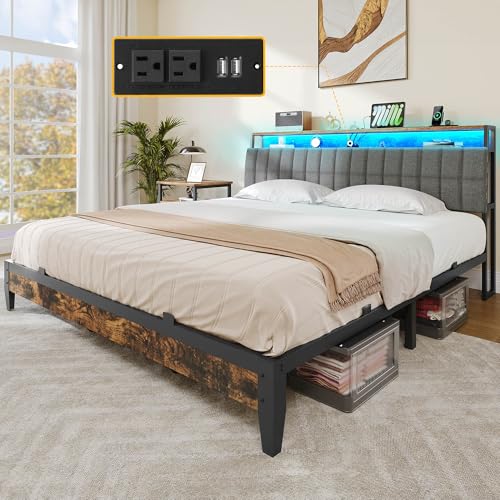 YITAHOME King Size Bed Frame with Charging Station, 2-Tier Storage Headboard with RGB LED Lights, Linen Upholstered Platform Bed Strong Wooden Slats, No Box Spring Needed Noise Free, Rustic