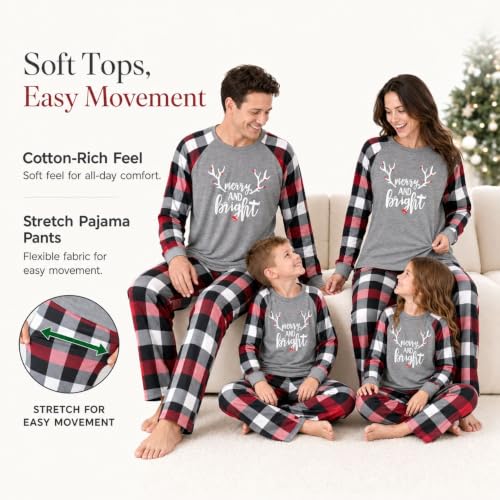 Image of IFFEI Matching Family Pajamas Sets Christmas PJ's with Letter and Plaid Printed Long Sleeve Tee and Bottom Loungewear