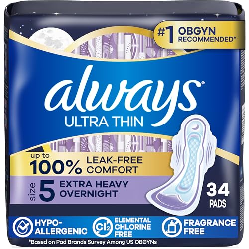 Always Ultra Thin Feminine Pads with Wings for Women, Size 5, Extra Heavy Overnight Absorbency,...