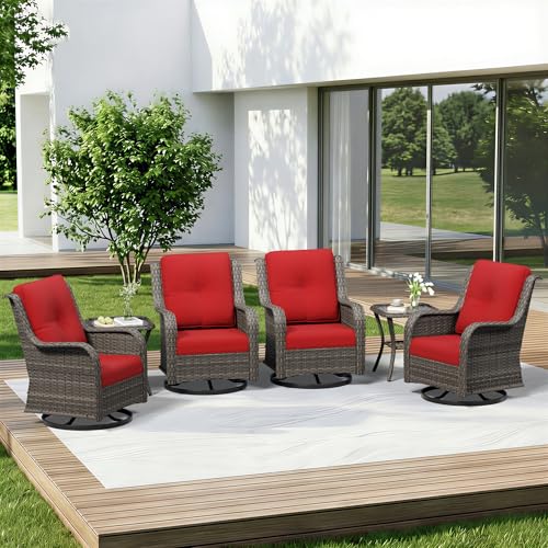 Image of 6 Piece Outdoor Wicker Patio Furniture Set, Outdoor Swivel Rocker Patio Chairs Set with Thickened Olefin Cushions, High Back and Deep Seating, Hand-Woven PE Rattan for Porch, Deck