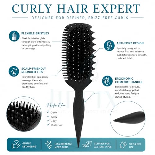 Image of Curl Define Styling Brush - Nylon Detangling & Curl-Defining Hair Brush for Curly, Wavy & Frizzy Hair - Paddle Brush with Wide Tooth Comb for Men, Women & Kids (Black)