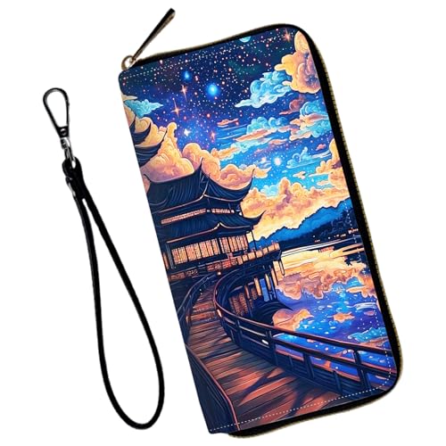 Wristlet Wallet for Women Teen Girls Womens Wallet RFID Blocking Credit Card Holder with Removable Wristlet,Leather Phone Wallet Clutch Large Capacity Ladies Travel Purs,Stained clouds