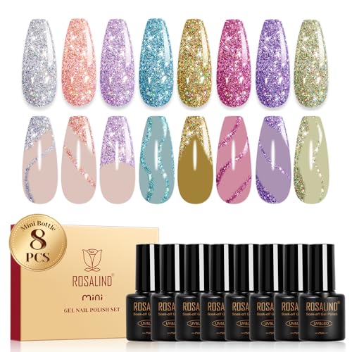 ROSALIND Pintauñas Semipermanentes Brillo, 8 Colores Plateado Morado Azul Dorado Rosa Esmaltes Semipermanentes Purpurina,Soak Off UV/LED Mini Esmaltes en Gel Glitter Manicure Regalo