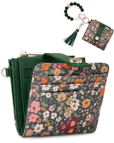 Image of Keychain Wallet Wristlet for Women,RFID Small Floral Flowers Wallet | Wallet Wristlet with Zipper Coin Pocket,Vegan Leather Card Wallets for Women, 2 ID Window,Gift