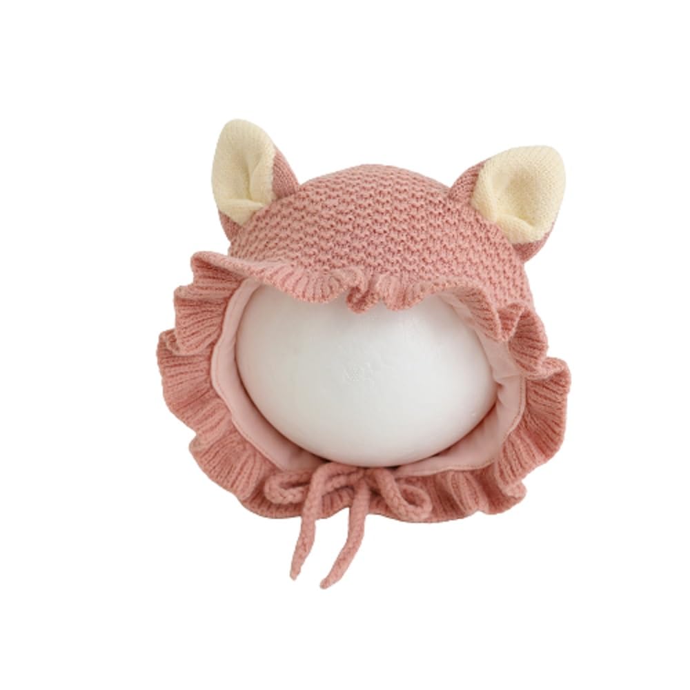 Ziory 1 Pc Ear Designed tie Knot Knitted Beanie Cap for Baby- Pink (6-12months)