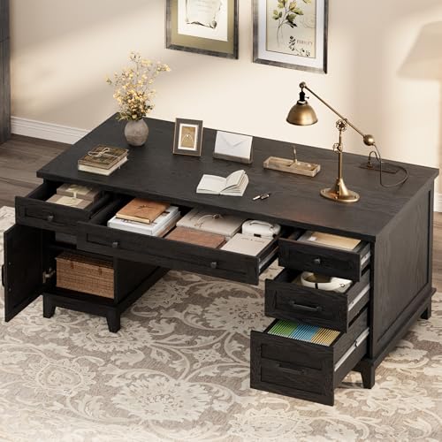 GarveeHome Farmhouse Executive Desk with File Drawers, 60 in Home Office Desk with Charging Station, Wooden Computer Desk with Cabinet Storage for Work Study Writing, Rustic Black
