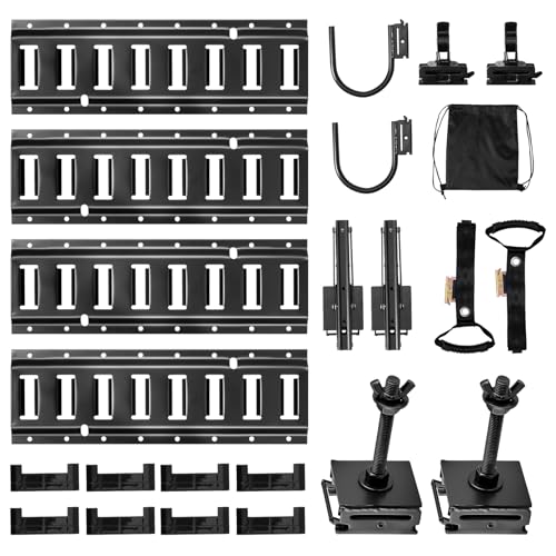 VEVOR Kit de 4 Rieles de Amarre E-Track 0,4 m, con 2 Ganchos, 2 Portaherramientas, 2 Soportes a Estantes, 2 Soportes a Neumáticos, 2 Anillas a Almacenamiento Cables, 8 Tapas de Extremo y 1 Bolsa