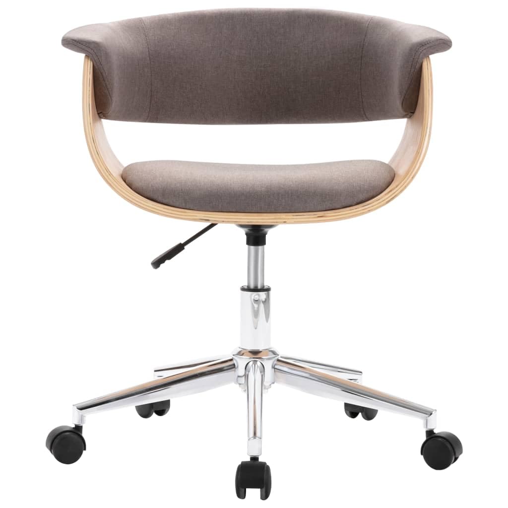 Krzesło do jadalni obrotowe, szarobrązowe z łukowatym drewnem i tapicerowanym materiałem, ergonomiczne, z podłokietnikami, kółkami z tworzywa sztucznego i regulacją wysokości, nowoczesne do