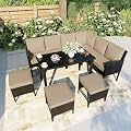 7 Pieces Patio Dining Set with Ottoman, Outdoor Conversation Sets with Glass Dining Table, Black Wicker Rattan Sectional Seating Sofa Group Furniture for Outside, Balcony, Garden, Khaki Cushions