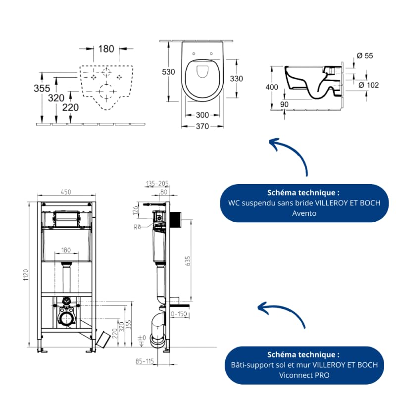 Pack WC suspendu sans bride VILLEROY ET BOCH Avento + Bâti support ViConnect Pro + abattant frein de chute + plaque noir mat