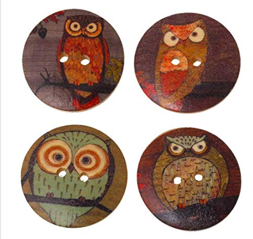 Lot de 15 boutons en bois de qualité supérieure - Motif hibou - Rond - 3 cm de diamètre - Marron - Différents motifs de chouettes - 2 trous - En bois - À coudre - Pour veste, bricolage Cover