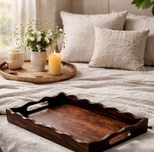 Image of Hamdan Large Serving Tray, Tray with Cutout Handles, Rectangle Butler Tray for Breakfast in Bed, Coffee Table Decor, Party (8x6)