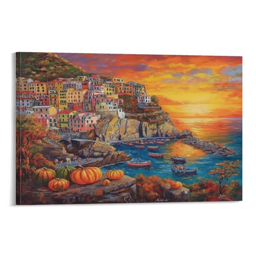 Impression sur toile moderne pour égayer une salle de bain sombre coucher de soleil au port 50x75
