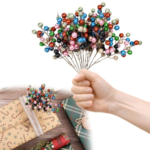 Byfoyif 30 Stück Glitter Bunt Beeren Stiele, Künstliche Beere...