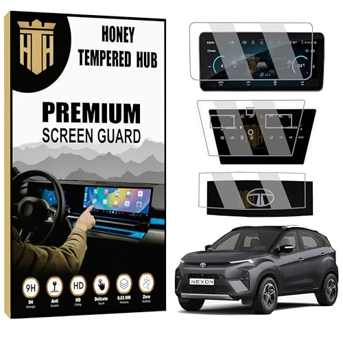 HONEY TEMPERED HUB (3 Pack) Screen Guard For Tata Nexon 2023 / 10.25 Inch Infotainment [Round Corners] + Steering + Ac Control Panel Protector/9H 2024 Nexon Car Display Accessories [Not Tempered Glass] Creative+ Creative+S) 10.25 INCH