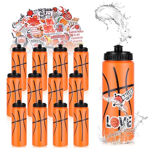 DI QIU REN 12 PCS Basketball Water Bottle Bulk with 300 PCS Stickers 20 OZ Plastic Reusable Basketball Water Bottles for Boys Squeeze Water Bottles Sports for Team