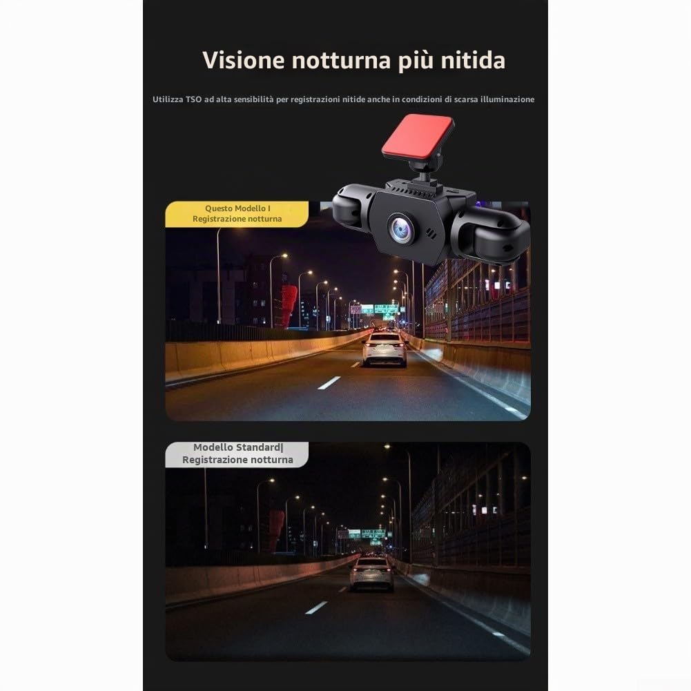 Sistema di Dashcam per Auto a Vista Completa 360° con Fotocamera Anteriore 4K UHD e Lenti Laterali Posteriori 1080P, Display IPS da 3,16 Pollici, Rilevamento di Movimento e Registrazione Ciclica per