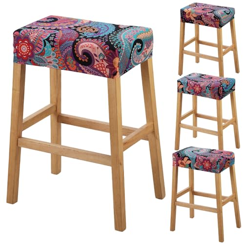 Image of YISUN Stool Covers Rectangle - 4 Pack Stretch Waterproof Saddle Seat Cover Counter Bar Stools Bar Chairs Covers Kitchen Island Chairs Cushion Protector (4, F-Purple Green)