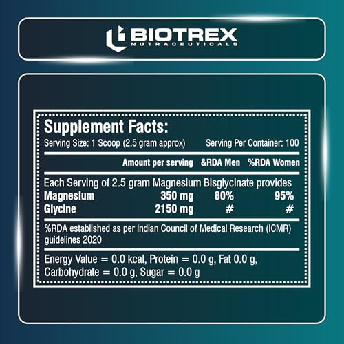 Image of Biotrex Nutraceuticals Magnesium Bisglycinate Powder | Sleep, Cramps, Nerve & Muscle Health | Mood Balance & Energy Production | High Absorption - 250Gram (100 Servings)
