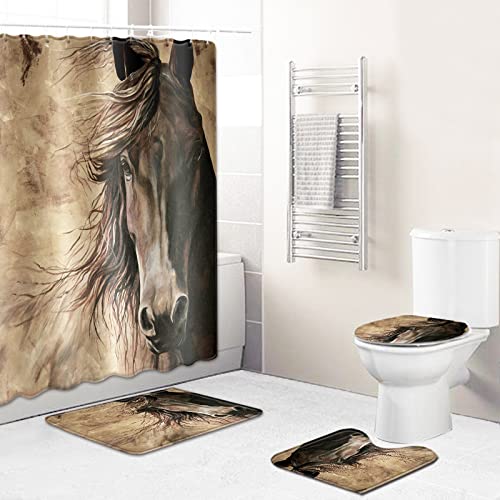Duschvorhang Taupe Tier Pferd Badezimmerteppich 4-Teiliges Set, Duschvorhang 180x180 Polyester+Badematte rutschfeste…
