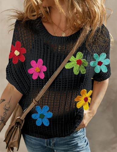 Ecosunny Womens Summer Crochet Tops Scoop Neck Short Sleeve Pullover Sweater Hollow Out Knit Tops Shirts Beach Cover Ups2