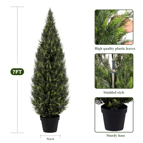 Image of Artificial Cedar Topiary Trees, 7 FT UV Resistant Faux Boxwood Plants,Front Porch Decorations Outdoor,Realistic Evergreen Cypress for Patio Decor Set of 2