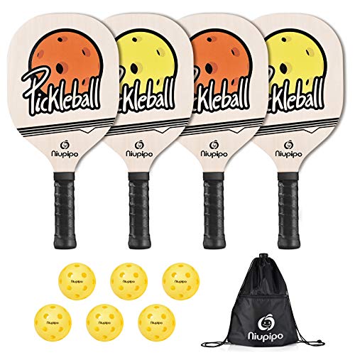 niupipo Wood Pickleball Paddles 4 Pack, Wooden Pickleball Set with 1 Carry Bag and 6 Balls, 7-ply Basswood, Pickleball Rackets with Ergonomic Cushion Grip, Pickleball Rackets, Yellow and Orange