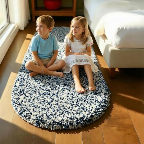 Image of Fluffy Silky Micro Fiber Polyster Carpet /Runner for Bedroom, Study Room, Playing Room, Guest Room ETC. 4x6 feet Feet, (Blue and Ivory Mix)