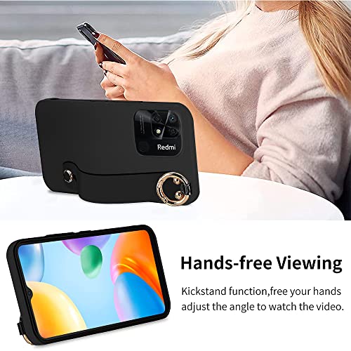 Case For Xiaomi Redmi 10C 4G Phone Case,Wrist Strap Stand Bracelet Case With Tempered Glass Screen Protector Silicone Shockproof Protective Cover Wristband Phone Case For Xiaomi Redmi 10C 4G - Black #TOP3