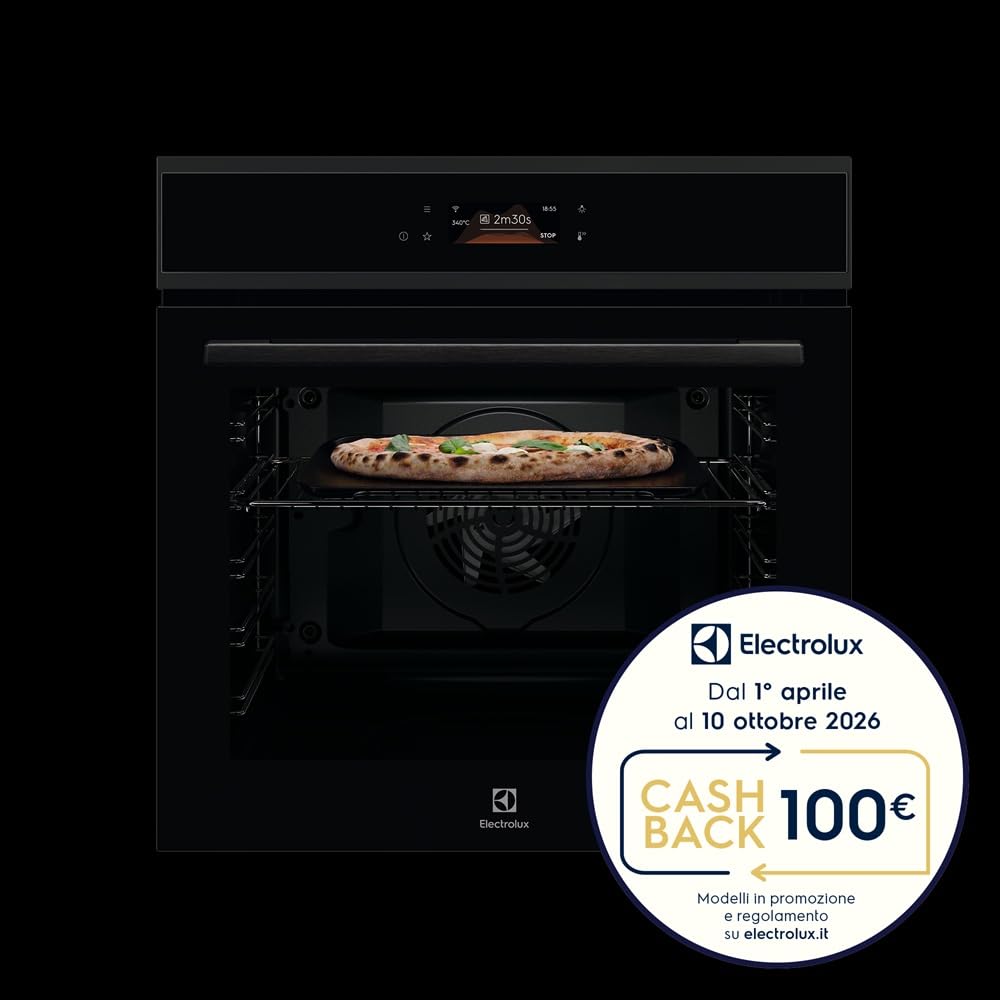 Electrolux COX8P08WH, Forno da Incasso Multifunzione Pirolitico, Autopulente, 72 L, PizzaExpert 340°C, Funzione Pizza in 2.5 Minuti, Vapore, Display Touch, Teglia in Ghisa e Pala Incluse, Wi-Fi, Nero