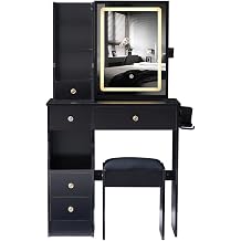 Vanity Desk with Power Outlets, Makeup Vanity with Mirror and 3 Color Lights, Dimmable LED Lights, 5 Drawers, Upholstered Stool, Dressing Table Set for Bedroom Black