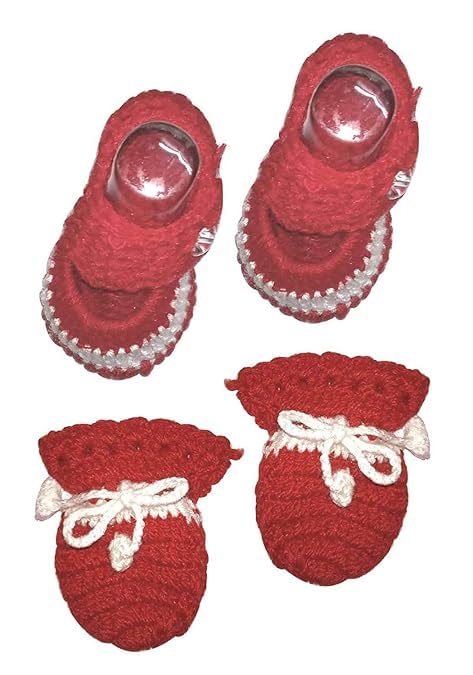 Hand Made Woolen Booties & Mitten Set for New Born Baby, Color Red-image-43