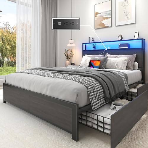 Image of Lifezone Full Bed Frame with 2-Tier Storage Headboard, Metal Platform Bed Frame with 4 Storage Drawers, Built in Charging Station & LED, Noise-Free /Metal Support /No Box Spring Needed, Rustic Grey