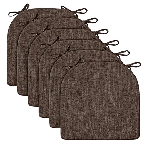 Image of Wellsin Chair Cushions for Dining Chairs 6 Pack - Kitchen Chair Cushions with Ties and Non-Slip Backing - Dining Chair Pads 16 inchX16 inchX2 inch, Brown