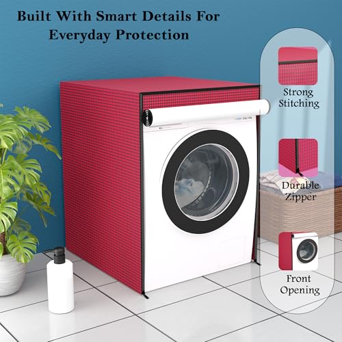 Image of Kuber Industries PVC Washing Machine Cover Front Load for IFB | Front Load Washing Machine Cover - Ideal for 6 kg, 6.5 kg, 7 kg | Barik Check Design - Maroon